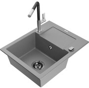 Mexen Enzo zlewozmywak granitowy 1-komorowy z ociekaczem i baterią kuchenną Flora, szary - 6506-71-670401-07-B