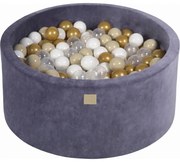 Okrągły Suchy Basen Z Piłeczkami 7cm Dla Dziecka, 90x40cm/300 Piłek, Welurowy, Szaroniebieski, Piłki: Złote, Beżowe, Białe, Transparentne - Meowbaby®