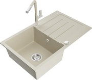 Mexen Bruno zlewozmywak granitowy 1-komorowy z ociekaczem i baterią kuchenną Flora, beżowy - 6513-69-670401-09