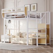 Łóżko piętrowe dla dzieci - 90 x 200 cm - ze schodkami do przechowywania + szafa - MDF + Metal - białe