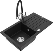 Mexen Pablo zlewozmywak granitowy 1-komorowy z ociekaczem i baterią kuchenną Duo, czarny - 6510-77-671701-07