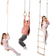 Zestaw do wspinaczki i huśtawki 3w1: drabinka linowa, kółka gimnastyczne i huśtawka talerzowa