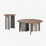 Zestaw 2 Okrągłych Stolików Kawowych Z Drewna Mango I Stali Nierdzewnej Marvion Drewno Mango - Sklum