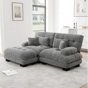 Sofa narożna 2-osobowa z tapicerowanymi podłokietnikami i podnóżkiem - szara tkanina szenilowa