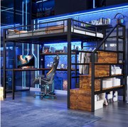 Metalowe łóżko piętrowe dla dzieci - 140 x 200 cm - z 2 szufladami + szafa + oświetlenie LED + biurko + drabinka - czarne