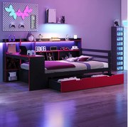 Drewniana sofa dziecięca z funkcją spania - 90 x 200 cm - z biurkiem + regałem + półkami + diodami LED + gniazdkami - czarna + czerwona