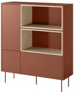 Komoda wysoka Desin 120 cm z wnękami, szufladą i metalowymi nogami - czerwony / ceramic red / dąb nagano