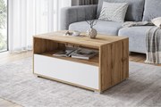 Nowoczesny stolik kawowy do salonu, prostokątny z półką i schowkiem, 90 cm, dąb wotan, biały mat