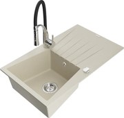Mexen Cesar zlewozmywak granitowy 1-komorowy z ociekaczem i baterią kuchenną Aster, beżowy - 6514-69-73450-07