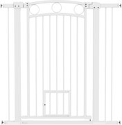 PawHut 106 cm Wysoka Bramka dla Zwierząt z Regulacją Szerokości, Wbudowane Drzwiczki dla Kota, dla Schodów i Drzwi, Biała