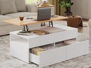 Stolik kawowy regulowany 100×50×40 cm - z 2 szufladami - MDF - biały + naturalny