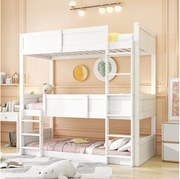 Łóżko piętrowe 3-osobowe 3 x 90 x 200 cm z barierkami - drewno sosnowe + MDF - białe (bez materaca)