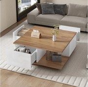 Biały kwadratowy stolik kawowy z 3 szufladami do przechowywania i blatem z widocznym usłojeniem drewna – Do salonu