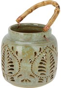Latarnia porcelanowa z uchwytem bambusowym 14,5 x 14 cm, zielony
