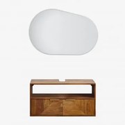 Zestaw Wiszących Mebli Łazienkowych Z Drewna Mango Baty Ciemny Drewniany Uchwyt & Without Sink & Owalna Lampa Led I Przeciwmgielna 100x80 Cm - Sklum