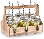 Skrzynka na słoiki do napojów + 6 x słoik ze słomką, drewniana, ZELLER