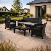 Zestaw Mebli Ogrodowych SAVIO Czarny Sofa 2x Fotel Stolik Tarasowy Technorattan Nowoczesny