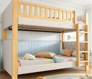 Łóżka piętrowe dla dzieci 90x200cm - tapicerowany zagłówek - z 4-stopniową drabiną - drewno hevea + MDF - Naturalny+Szary​ (bez materaca)