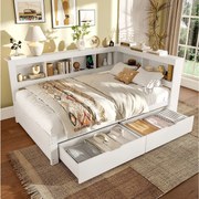 Łóżko dzienne 140x200 cm, łóżko dziecięce z 2 szufladami i półką, 2 porty USB – białe (bez materaca)