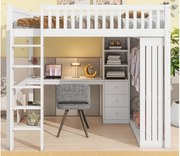 Łóżko piętrowe drewniane 140x200 cm - z biurkiem i szafą - białe