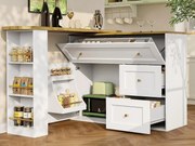 Nowoczesny obrotowy barek 360° - 204×39×105 cm - 2 szuflady i 2 drzwi - z bocznymi półkami - rozsuwany stół - biały