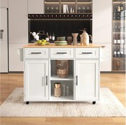 Biały wózek do serwowania z drewnianym blatem, 3 szufladami i 2 drzwiami – do jadalni i kuchni