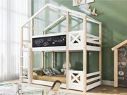 Łóżko piętrowe domek z litego drewna sosnowego z barierkami przeciwupadkowymi + drabinka + tablica czarna - 90x200cm - Naturalny i Biały