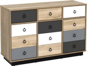 Komoda KRYPTON – 3 szuflad i 3 szafki - Kolor: dąb, biały i szary