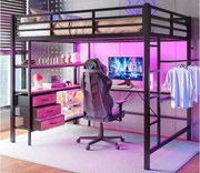 Łóżko mezzanine 140x200cm z LED i gniazdkami - biurko z 3 szufladami i półką - Czarne