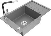 Mexen Elias zlewozmywak granitowy 1-komorowy z ociekaczem i baterią kuchenną Flora, szary - 6511-71-670401-07