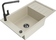 Mexen Elias zlewozmywak granitowy 1-komorowy z ociekaczem i baterią kuchenną Flora, beżowy - 6511-69-670401-70-B