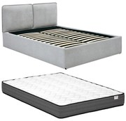 Łóżko ze skrzynią ze zdejmowanym pokrowcem 140 x 190 cm - Tkanina - Jasnoszary + Materac - TENESE