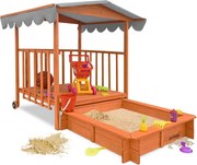 Piaskownica z werandą HAPPY, lita sosna 130 x 130 x 143 cm, brązowo szary Jurhan