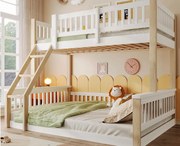Łóżko piętrowe 90x200 cm + 140x200 cm - z drabiną - z barierką - biały + naturalny (materac nie jest dołączony)