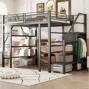 Łóżko piętrowe dla dzieci - 140 x 200cm - z biurkiem + szafą + schodkami ze schowkiem - metalowe - czarne