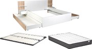 Łóżko z szufladami 160 x 200 cm – Z 2 szafkami nocnymi i półkami - Białe i naturalne + Stelaż + Materac – KLYRANA