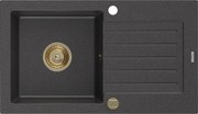 Mexen Pablo zlewozmywak granitowy 1-komorowy z ociekaczem 752 x 436 mm, czarny nakrapiany, syfon złoty - 6510751010-76-G