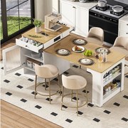 Rozkładany stół barowy z wyjmowanym blatem - 80 x 71/111/151 x 92 cm - z drzwiami + szufladą - MDF + szkło - biały + naturalny