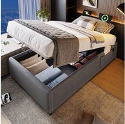 Łóżko z pojemnikiem 90 x 200 cm - Łóżko dziecięce z portem USB i kieszenią do przechowywania - szary len - bez materaca