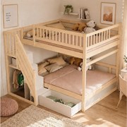 Łóżko piętrowe 2 x 140 x 200 cm ze schodkami do przechowywania, szufladą i barierkami – sosna/MDF – imitacja drewna (materac nie jest wliczony w cenę)