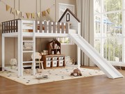 Łóżko mezzanine 90x200 cm z drabiną i zjeżdżalnią - z drewna sosnowego i MDF - Białe i Brązowe