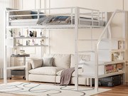 Łóżko mezzanine 140x200 cm z metalu - z półką i drabiną do przechowywania - Białe
