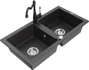 Mexen Mario zlewozmywak granitowy 2-komorowy z baterią kuchenną Carla, czarny nakrapiany - 6504-76-670700-70