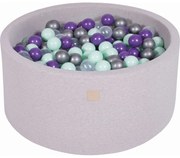 Okrągły Suchy Basen Z Piłeczkami 7cm Dla Dziecka, 90x40cm/300 Piłek, Bawełniany, Jasnoszary, Piłki: Miętowe, Transparentne, Srebrne, Fioletowe - Meowbaby®
