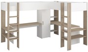 Łóżko antresola podwójne narożne 2 x 90 x 200 cm - ze skrzynią i i biurkami - Biały i naturalny - LASCANO