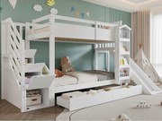 Łóżko piętrowe dla dzieci 90x200 cm - z drabiną z pojemnikami i zjeżdżalnią - z ilustrowaną biblioteczką - z 2 szufladami - biały (bez materaca)