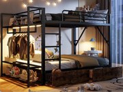 Łóżko piętrowe 140 x 200 cm - Konstrukcja metalowa - 2 szuflady - Kilka półek - Oświetlenie LED - Wieszak na ubrania - czarny (materac nie jest wliczony w cenę)