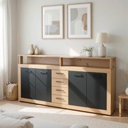 Komoda Czterodrzwiowa z Szufladami BLAGO 190 cm Dąb Artisan/Czarny Nowoczesna Loft