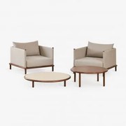 Zestaw Wypoczynkowy Z 2 Fotelami I 2 Okrągłymi Stolikami Kawowymi Z Drewna Akacjowego Olivia Kremowa Semoline - Ciemny Akacjowy - Sklum
