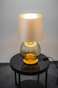 Lampa stołowa do salonu z abażurem - Hamilton – szkło ryflowane dymione, abażur beżowy środek złoty